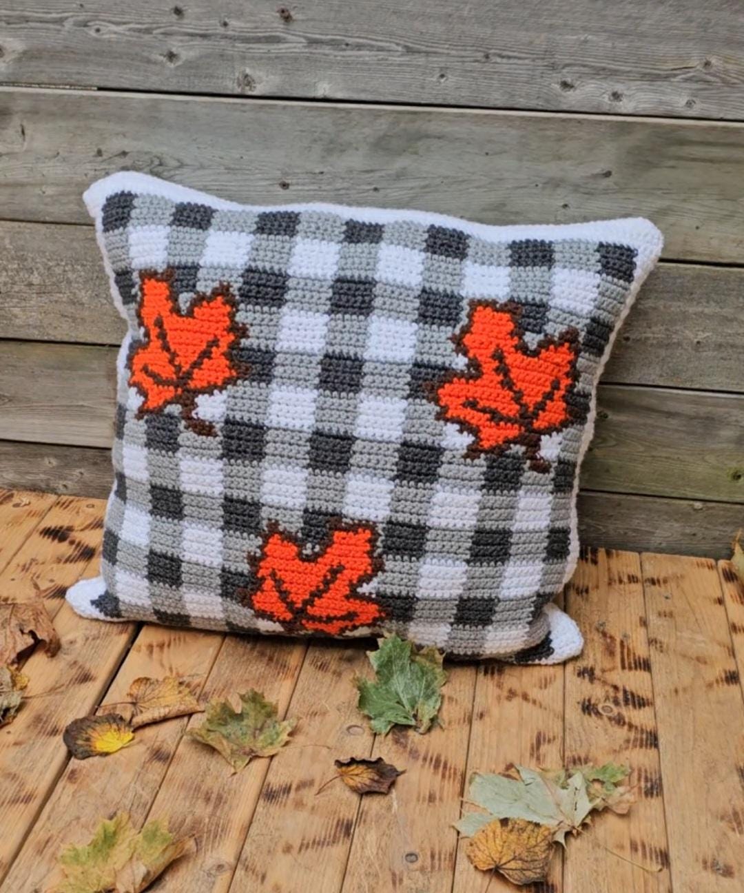 Plaid Leaves Crochet Graphghan Pillow