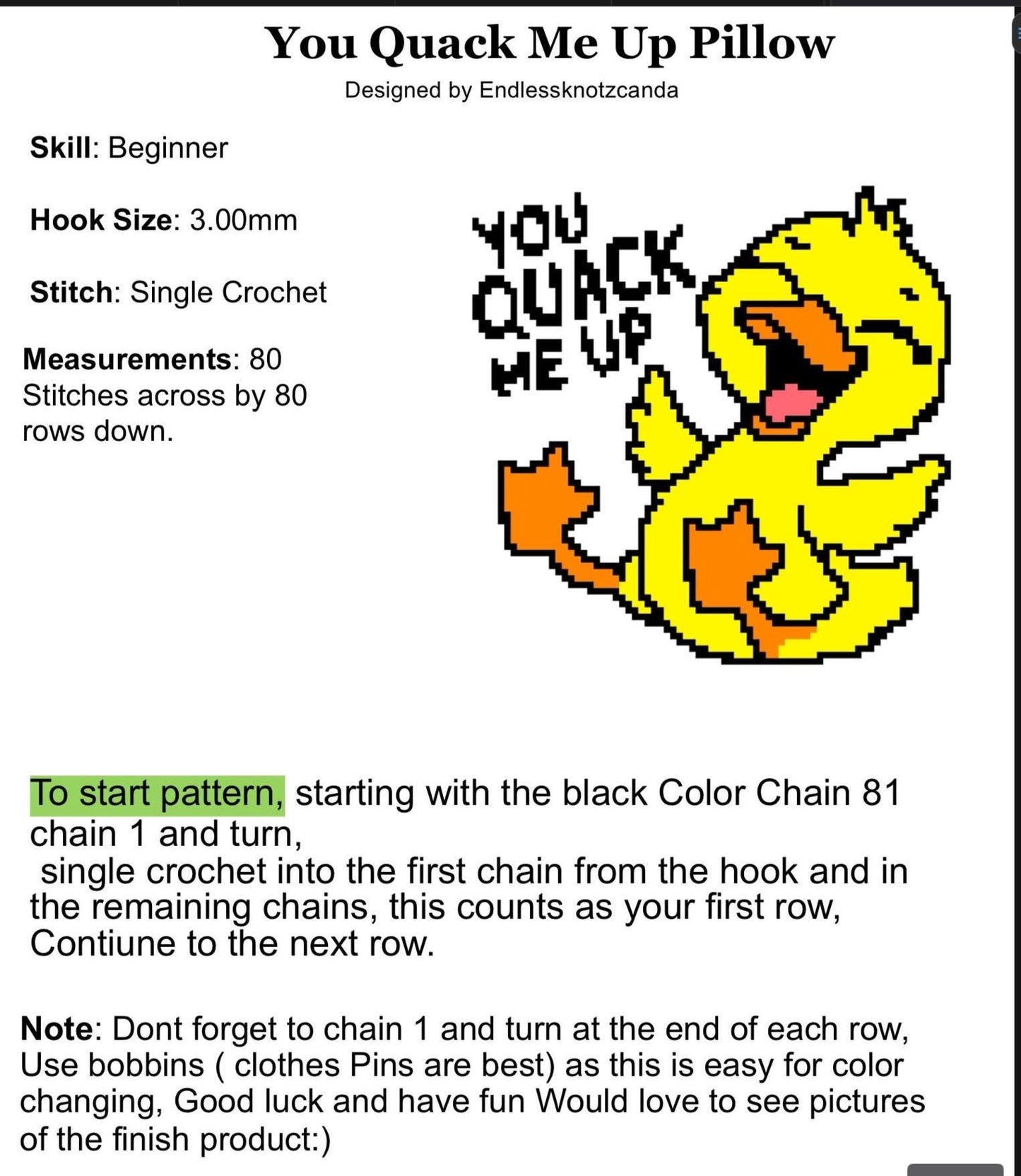 You quack Me Up tapestry/pillow Crochet Graphghan Pillow Pattern